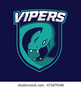 Modern professional logo for sport team. Snake mascot. Vipers, vector symbol on a red background.