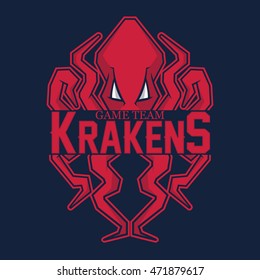 Modern professional logo for sport team. Kraken mascot. Octopus, vector symbol on a red background.