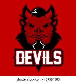 Modern professional logo for sport team. Devil mascot. Devils, vector symbol on a red background.