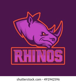 Modern professional logo for sport team. Rhino mascot. Rhinos, vector symbol on a dark background.