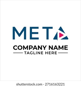 Um modelo de logotipo moderno e profissional com a palavra "meta" com um ícone de botão de jogo criativo