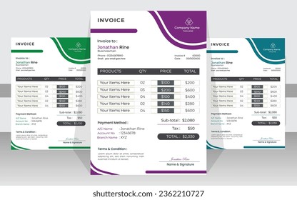 Modern and Professional Minimal Business Invoice Design Template in  vector format. With three colors versions.