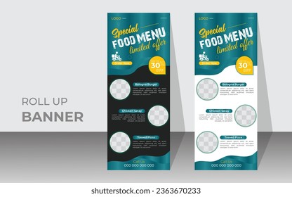 Modern and Professional Minimal Roll Up, Pull Up Banner Design Template. Food Roll up banner with black and white colors version.