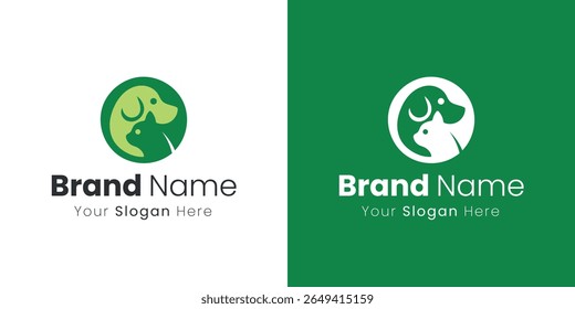 A modern professional pet care logo design featuring a dog and cat silhouette within a circle conveying a strong brand identity
