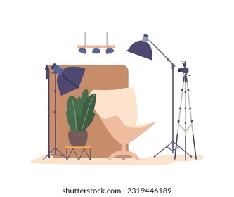 Modernes professionelles Fotostudio-Interieur mit gut ausgestatteten BeleuchtungsSetups, Stuhl, Hintergrund und Requisiten, Illustration