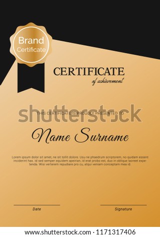 Modern and professional potrait certificate design with brown and black color combination and stamp and badge. 