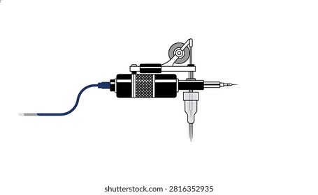 Modern professional rotary tattoo machine with a needle cartridge attached shown in a clear technical illustration.