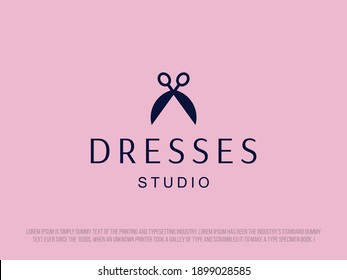 Logo de tijeras profesionales modernas para negocios de vestidos. 