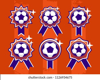 Modern professional set of balls emblem and stickers for football or tournament in orange theme 
