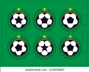 Modern professional set of balls emblem and stickers for football or tournament in green theme 