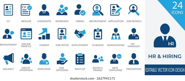 Um conjunto moderno e profissional de ícones de RH e vetor de contratação com currículo, candidato, entrevista, busca de emprego e muito mais. Ideal para plataformas de recrutamento, software de RH e portais de emprego