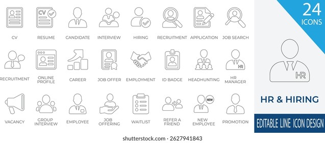 A modern and professional set of HR and hiring line icons featuring resume, candidate, interview, job search, and more. Ideal for recruitment platforms, HR software and job portals