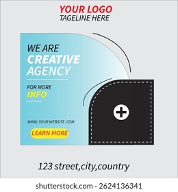 Design moderno e profissional de banner de mídia social para agências criativas, start-ups ou empresas de marketing. Apresenta áreas de texto editáveis, plano de fundo gradiente e um alocador de espaço de imagem dedicado.