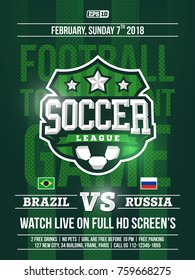 Modern Professional Sports Flyer Design With Soccer League In Green Theme.