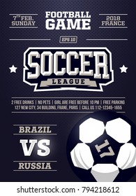 modern professional sports flyer design with soccer league in blue theme.