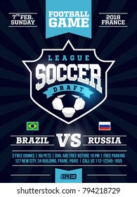 Modern Professional Sports Flyer Design With Soccer League In Blue Theme.