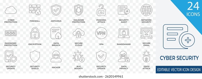 A modern and professional stroke icon set designed for cyber security and data protection themes. Includes icons for firewall, antivirus, malware protection, phishing attacks, encryption,