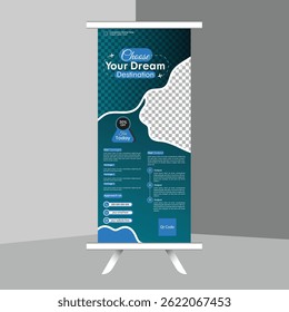 Diseño moderno de viaje profesional pull up. diseño de Plantilla rollup editable limpio y simple.