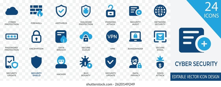 A modern and professional vector icon set designed for cyber security and data protection themes. Includes icons for firewall, antivirus, malware protection, phishing attacks, encryption,