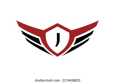 Modern professional wings shield template logo design with letter J.