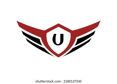 Modern professional wings shield template logo design with letter U.