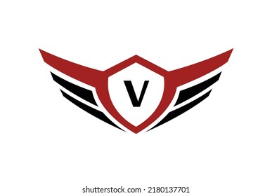 Modern professional wings shield template logo design with letter V.