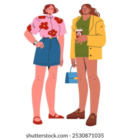 Concepto moderno de las mujeres profesionales. Mujeres de negocios confiadas en trajes elegantes que se mantienen juntas. Empoderamiento femenino en el lugar de trabajo. Ilustración vectorial.