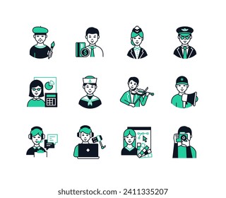 Modern professions for different people - line design style icons set with editable stroke. Artist, flight attendant and pilot, bank teller, sailor, violinist, photographer, designer, podcast host