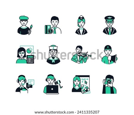 Modern professions for different people - line design style icons set with editable stroke. Artist, flight attendant and pilot, bank teller, sailor, violinist, photographer, designer, podcast host