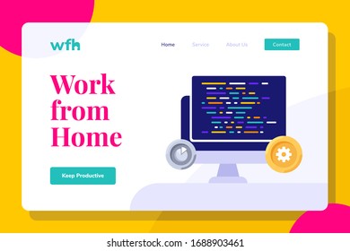 Modern Programmer Work from Home Illustration Landing Page, Web Banners, Suitable for Diagrams, Infographics, Book Illustration, Game Asset, And Other Graphic Assets