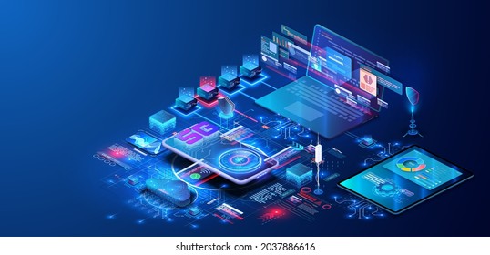 Modern Programming, testing cross platform code. Online devices upload, download information, data in database on cloud services on blue futuristic background. 5G network wireless with High speed