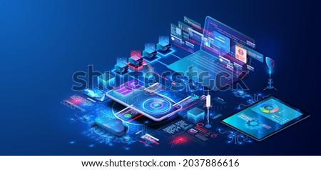 Modern Programming, testing cross platform code. Online devices upload, download information, data in database on cloud services on blue futuristic background. 5G network wireless with High speed