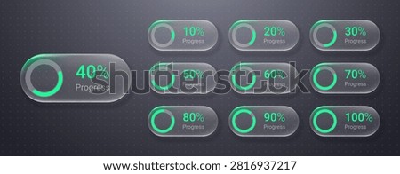 Modern progress infographic loading bar collection 10 to 100 percent in transparent liquid glass effect on dark doted background. Circle loading data interface for dashboard UI analytics