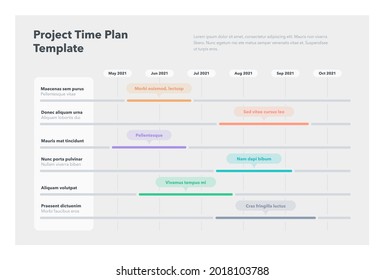 Modern project time plan business template with six project tasks in time intervals. Easy to use for your website or presentation.