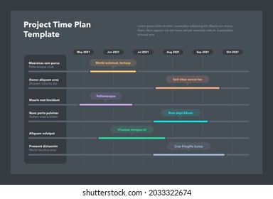 Modern project time plan business template with six project tasks in time intervals - dark version. Easy to use for your website or presentation.