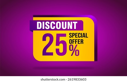 Modern promo discount design with 25% offer. Perfect for sales campaigns, banners, social media, and marketing materials. Stylish flat vector style.