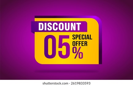 Modern promo discount design with 5% offer. Perfect for sales campaigns, banners, social media, and marketing materials. Stylish flat vector style.