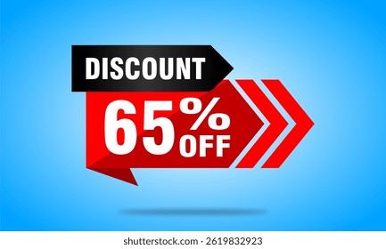 Modern promo discount design with 65% offer. Perfect for sales campaigns, banners, social media, and marketing materials. Stylish flat vector style.