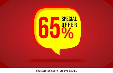 Modern promo discount design with 65% offer. Perfect for sales campaigns, banners, social media, and marketing materials. Stylish flat vector style.