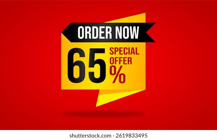 Design de desconto promocional moderno com 65% oferta. Perfeito para campanhas de vendas, banners, mídias sociais e materiais de marketing. Estilo de vetor plano e elegante.