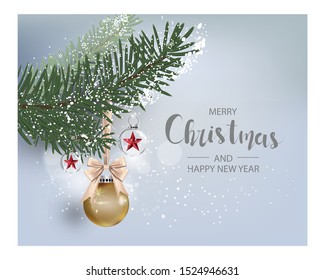 Modern promotion banner holidays background with Christmas tree branches decorated with berries, stars and candy canes and christmas lights festive elements