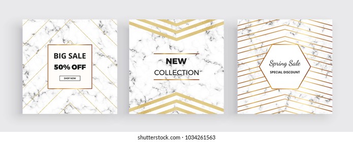 Modern promotion card, marble texture banner with gold foil and glitter lines background. Square template for designs, card, flyer, invitation, party, birthday, wedding, email, web
