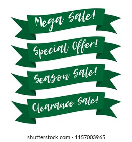 Modern promotion green ribbon banner with lettering. Discount scroll, green price tag, sticker, badge, poster with lettering text.