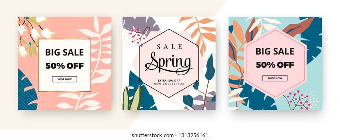 Modern promotion square web banner for social media mobile apps. Elegant sale and discount promo backgrounds with with floral texture. Email ad newsletter layouts. Vector illustration.