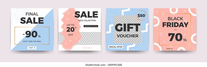 Modern promotion square web banner. Multipurpose fashion sale banner set for social media mobile apps and digital. Discount promo backgrounds layout