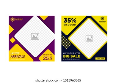 Modern promotion square web banner for social media mobile apps. flat purple, yellow and blue color background. 