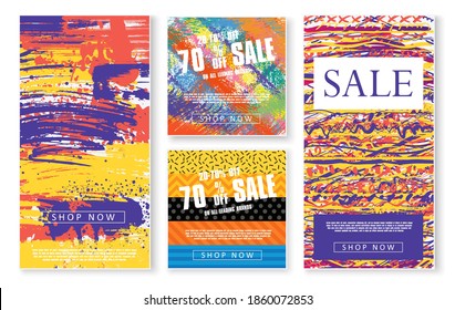 Banner moderno de promoción cuadrada web para aplicaciones móviles de medios sociales. Plantilla de publicidad con toques de color dibujados a mano en un estilo moderno. Elegante venta y descuento de antecedentes promocionales con un patrón abstracto.