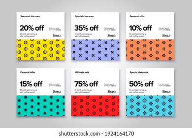 Modern promotion square web banner for social media mobile apps. Elegant sale and discount promo backgrounds with abstract pattern. Email ad newsletter layouts.