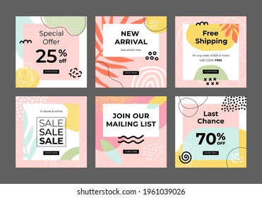 Modern promotion square web banner for social media, mobile apps, banners design and internet ads. Sale and discount templates with abstract shapes. Vector illustration