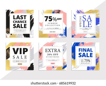 Modern promotion square web banner for social media mobile apps. Elegant sale or discount promo background with abstract brush stroke pattern. Email newsletter layout.
